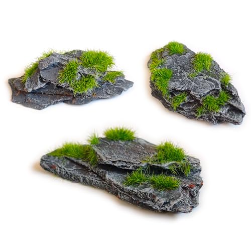 Miniature Moss Stones for Terrarium - Tree Bark Diorama Rocks for Miniature Terrain Display - Lightweight Reptile Habitat Decor - NOT for Aquarium Underwater Use - 12 Pcs Flocking-Covered (1-2 inch) - style: 12P Flocking Slate Rocks (Wooden)