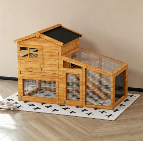 GarveeLife Rabbit Cage, Outdoor Weatherproof Bunny House Wooden, Indoor Bunny Cage with Run, Rabbit Hutch with Removable Tray, Grid Fences, Ramp 53.15" L x 23.62W 37.8" H Wood Color - color: Wood Color