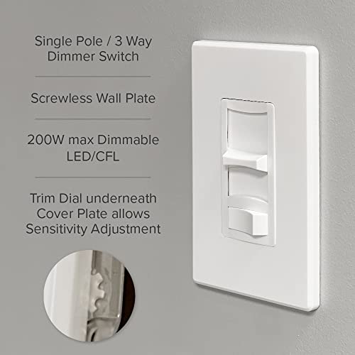 Maxxima LED Slide Dimmer Switch, White, 3-Way/Single Pole, 600 Watt Max | LED Compatible, Decorative Electrical Light Switch, On/Off Switch, Screwless Wall Plate Cover Included
