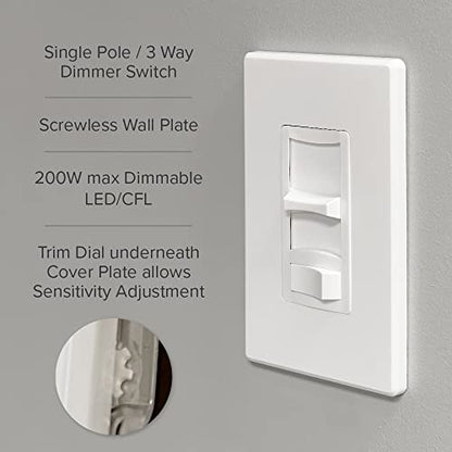 Maxxima LED Slide Dimmer Switch, White, 3-Way/Single Pole, 600 Watt Max | LED Compatible, Decorative Electrical Light Switch, On/Off Switch, Screwless Wall Plate Cover Included