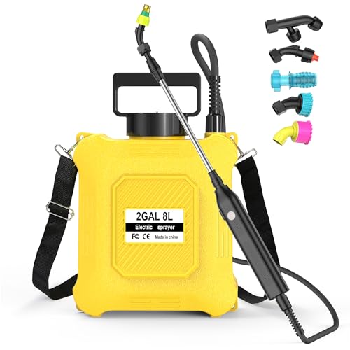 Upgraded 2-Gallon Battery Sprayer Used for Fertilizer, Pesticides, Weeds & Pests, – USB Charging, 6 Nozzles, 2 Speeds, Retractable Wand, Adjustable Shoulder Strap (Yellow) - color: Yellow
