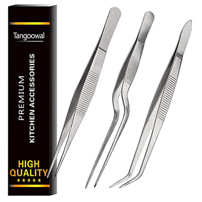 Kitchen Cooking Tweezers Culinary,3 Piece Set Stainless Steel Tweezer Precision Tongs Offset Tip for Cooking Food Design styling(6.3-Inch)