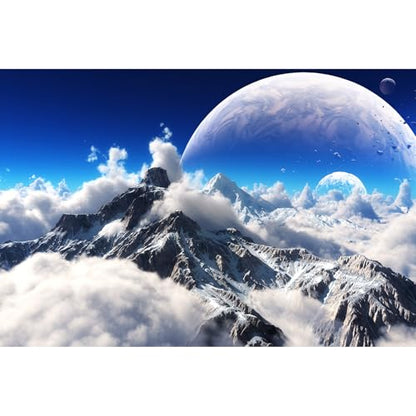 Celestial Aquarium Backdrop Snow Capped Mountains Alien Planet Terrarium Background Space Planets and Natural Landscape Fish Tank Backdrop Tranquil Natural Cloudy Sky Aquarium Backdrops 36x20in - color: White_Blue, size: 36(W)x20(H)in