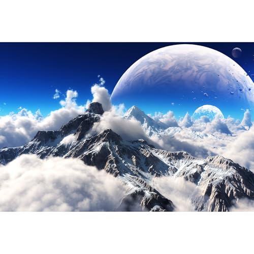 Celestial Aquarium Backdrop Snow Capped Mountains Alien Planet Terrarium Background Space Planets and Natural Landscape Fish Tank Backdrop Tranquil Natural Cloudy Sky Aquarium Backdrops 36x20in - color: White_Blue, size: 36(W)x20(H)in