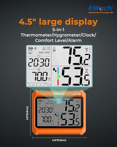 Elitech Digital Bluetooth Hygrometer Thermometer, Refrigerator Thermometer with Free APP, Real-Time Temperature Humidity Monitor with 4.5" Screen, PDF&CSV Data Export, IPT-100S with External Probe