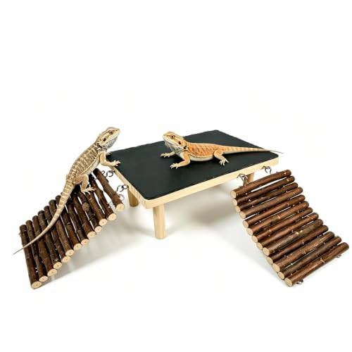 Bearded Dragon Basking Platform with Climbing Ramp,Reptile Basking Rock Slate Stone,Wood Lizard Resting Platform Hide Cave Tank Accessories for Gecko Tortoise Snake Frog(XXL) - size: XXL: 15.75" x 7.87"x 4.56"