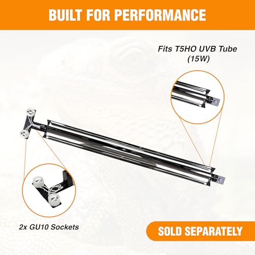 T5HO Double 12” UVB Reptile Light Fixture 15W + Double GU10 basking Heat lamp Fixture 35W, Bearded Dragon and Reptile Terrarium Light Fixture