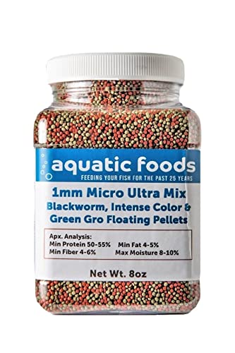 1mm Ultra Mix of Blackworm, Intense Red, Green Gro Floating Pellets for Discus, Cichlids, All Tropicals, Koi and Pond Fish…8oz Small Jar - size: 8 Ounce (Pack of 1)