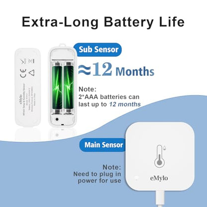 eMylo WiFi Thermometer Hygrometer 3 Pack with Hub, Smart Indoor Outdoor Temperature Humidity Sensor, IP65 Waterproof, App Alerts, 492ft Range, Alexa Google Home Compatible,Greenhouse Baby Room Monitor