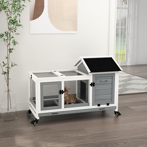 PawHut Wooden Rabbit Hutch with Wheels, Indoor Outdoor Large Bunny Hutch with Run & Slide-Out Tray for Small Animals, Rabbits, Chickens, Ducks, Guinea Pig, Gray - color: Gray