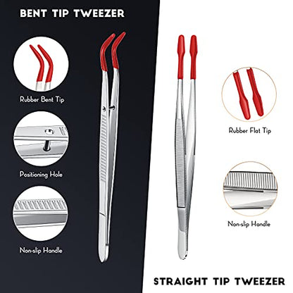 2 Piece Tweezers with Rubber Tips Set - Bent and Straight Flat Tips Tweezers PVC Coated for Stamp Coins Jewelry Crafts, Electronics(Silver, Red) - color: Silver, Red