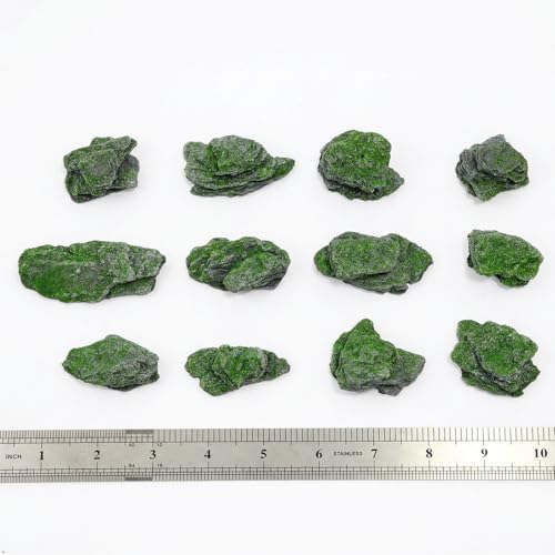 Miniature Moss Stones for Terrarium - Tree Bark Diorama Rocks for Miniature Terrain Display - Lightweight Reptile Habitat Decor - NOT for Aquarium Underwater Use - 12 Pcs Moss-Covered (1-2 inch) - style: 12P Moss Slate Rocks (Wooden)