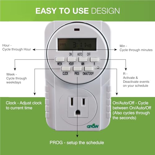 Grow1 Hydroponic 120V Single Outlet Digital Timers for Electrical Outlets, Compatible w/ 110V, 115V & 120V Outlets | Heavy Duty | Perfect for Aquarium Light Timer, Grow Lights