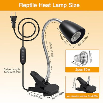 Reptile Heat Lamp with 2Pcs 50W UVA UVB Bulb, Turtle Heater Light with 360 Rotatable Basking Light with Clamp and Cycle Timer for Turtle Lizard Snake Amphibians