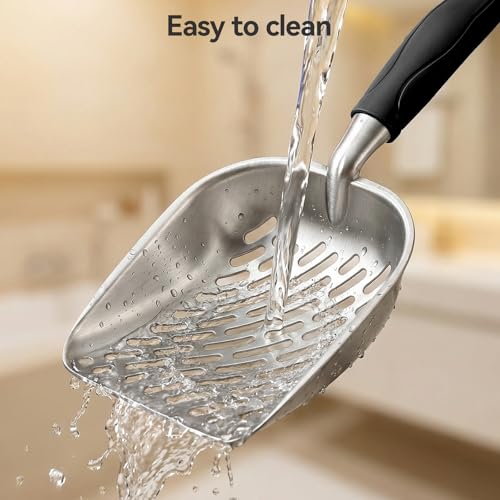 Cat Litter Scoop, Large Long Handle Kitty Metal Scooper, Heavy Duty Aluminum Deep Sifter, Ergonomic Non-Slip Grip, Rustproof Durable Poop Cleaner for Cat Litter Box - color: Black, size: Large
