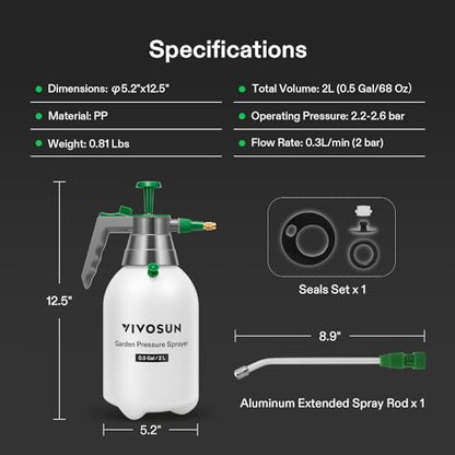 VIVOSUN 0.5Gal Handheld Garden Sprayer, 2L Pump Sprayer, 68 Oz Water Spray Bottle with Safety Valve, Adjustable Nozzle, Extended Spray Rod & Additional Seals, Ideal for Watering, Fertilizing, Cleaning - size: 68 ounce