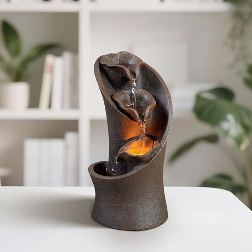 Kalona Tabletop Waterfall Fountain, 3-Tier Indoor Water Fountain for Home Office Decor, Relaxing LED Fountains with Artistic Stone-Look Design for Meditation (23005) - color: Brown Artistic