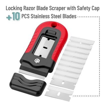 Bates- Razor Blade Scraper, Red, Locking Razor Scraper Set with 10 Extra Stainless Steel Blades, Window Scraper, Scraper Tool, Glass Scraper, Scraper Blades, Paint Scraper Blade Scraper for Cleaning - color: Red