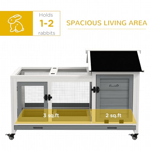 PawHut Wooden Rabbit Hutch with Wheels, Indoor Outdoor Large Bunny Hutch with Run & Slide-Out Tray for Small Animals, Rabbits, Chickens, Ducks, Guinea Pig, Gray - color: Gray