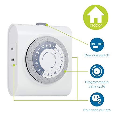 Philips 24-Hour Indoor Mechanical Outlet Timer, 2 Polarized Timer Outlets, 30-Minute Intervals Light Timеr, ON/OFF Daily Cycle Plug Timer, Lamp Timer Push Pins, Override Switch, White, SPC1237AT/27