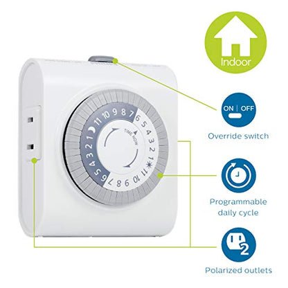 Philips 24-Hour Indoor Mechanical Outlet Timer, 2 Polarized Timer Outlets, 30-Minute Intervals Light Timеr, ON/OFF Daily Cycle Plug Timer, Lamp Timer Push Pins, Override Switch, White, SPC1237AT/27