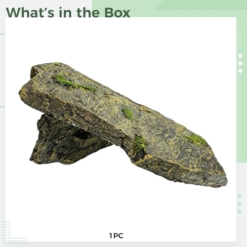Resin Hideout Cave, 10.6 in / 27 cm Reptiles Basking Platform, Aquarium Decor Rock, Smooth Resin Habitat with Gentle Slope, Flat Top, Natural Slate Look for Small Reptiles