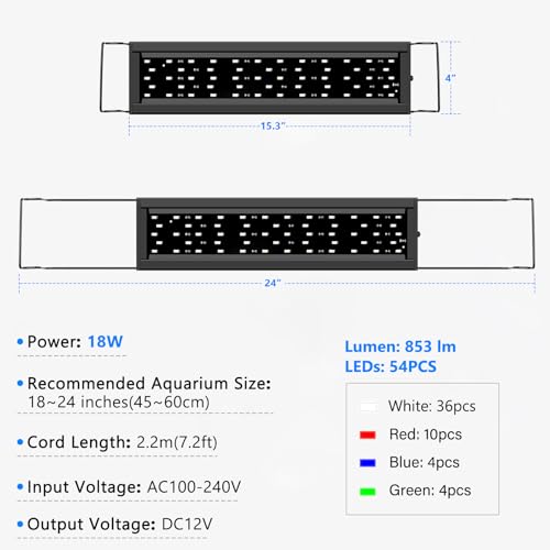 AQQA Full Spectrum Aquarium Light,Fish Tank Lights for Plant Growth Fish Viewing,3 Mode White Blue Red Green LED Beads,Timer,Adjustable Brightness,Extendable Brackets for Freshwater 18W for 18-24inch - size: 18W for 18-24inch