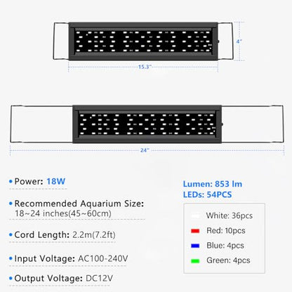 AQQA Full Spectrum Aquarium Light,Fish Tank Lights for Plant Growth Fish Viewing,3 Mode White Blue Red Green LED Beads,Timer,Adjustable Brightness,Extendable Brackets for Freshwater 18W for 18-24inch - size: 18W for 18-24inch