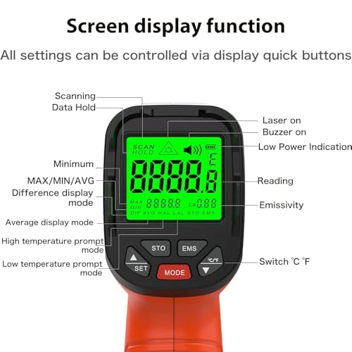 Infrared Thermometer Gun -58°F to 2732°F, 50:1 Non-Contact Laser Temperature Gun for Cooking, Pizza Oven, Reptile, Griddle, Digital Heat Gun for HVAC and Industrial Use - color: Orange/-58°F to 2732°F-holster