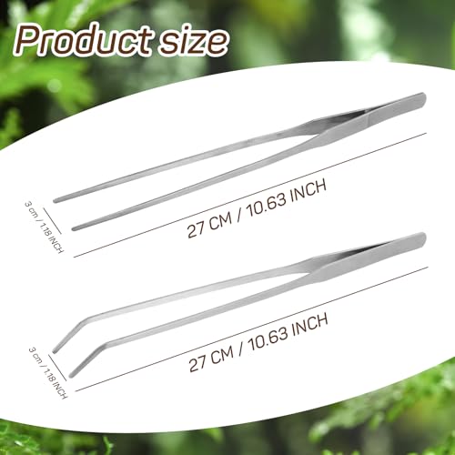 2Pcs Reptile Feeding Tongs with Rubber Tip, 10.6 Inch Stainless Steel Straight and Curved Extra Long Tweezers for Aquarium, Snakes, Turtles, Salamanders, Lizards Feeding (2 pcs)