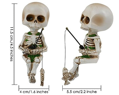 DS. DISTINCTIVE STYLE Style Fishing Skeleton Statue 4.5 Inch Mini Skull Figurines Halloween Gothic Decor Resin Cute Skull Fisher Sculpture for Outdoor Garden Pond Fountain Poolside