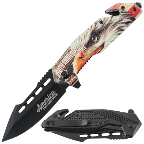 Snake Eye Tactical Folding Pocket Knife - God Bless America 250th Anniversary Patriotic Design - Metal Handle with Pocket Clip (American Eagle) - color: American Eagle
