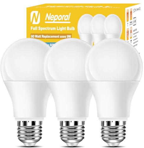 Full Spectrum Light Bulb, 6000K Natural Sunlight Bulbs, 9W 60W Equivalent LED Light Bulb, Natural Light Bulbs A19, E26/E27 LED Light Bulbs for Home, 3 Pack - color: 6000k Daylight, size: 3 Count (Pack of 1)
