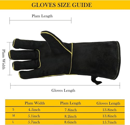 16 Inch Leather Welding Gloves, 932℉ Heat & Fire Resistant, Large Black Mitts for Welding, BBQ, Oven, Grill, Fireplace, Forge, Furnace, Stove, Pot Holder & Animal Handling - size: Large