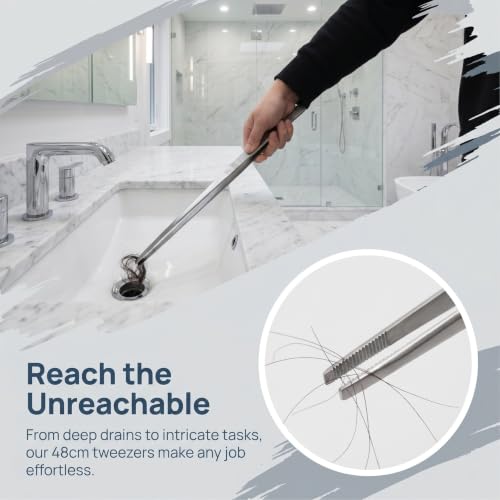 Lurrose 2pcs Long Tweezers - 19" Stainless Steel Straight and Curved Tweezers with Serrated Tips - Precision Tongs for Bathroom Kitchen Sink Drain Reptile Feeding & Aquarium Cleaning