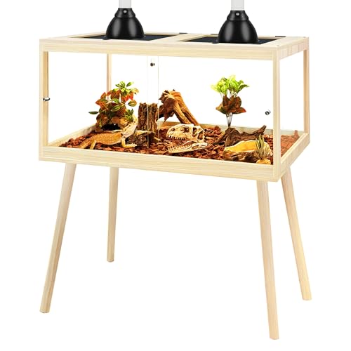 PROLEE Bearded Dragon Tank with Legs, 34 Gallon Tempered Glass Lizard Tank, Reptile Enclosure with Metal Mesh and Lockable Door, Reptile Tank for Snakes,Chameleon (Oak, 32x15.5x15.5 Inch) - color: Oak, size: 34Gallons,32inch