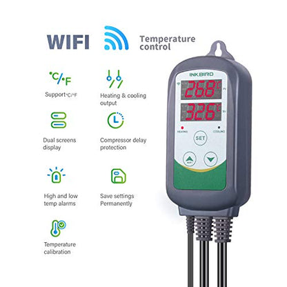 Inkbird WiFi Temperature Controller ITC308 Reptile Freezer Thermostat Digital Heating and Cooling Heater Cooler Greenhouse Plug Outlet 2 Stage 1100W 110V