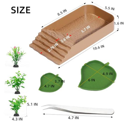 3 PCS Reptile Water Dish with Climbing Ramp Leaf Reptile Water Bowl Amphibians Habitat Yellow Tortoise Food Bowl for Turtle Gecko Bearded Dragon Lizard (Yellowish-Brown) - color: faint yellow