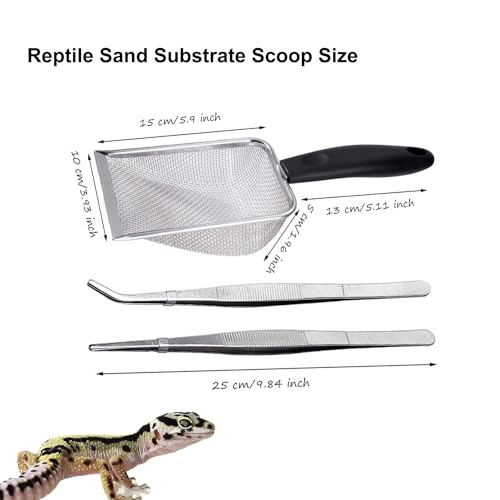 Reptile Sand Substrate Scoop Reptile Sand Fine Mesh Reptile Scooper Stainless Steel Terrarium Substrate Sand Bedding Litter Cleaner Scoop and Reptile Long Feeding Tongs Set (Black-2mm) - color: Black-2mm