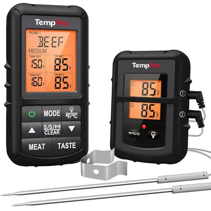 TempPro TP20 500FT Wireless Meat Thermometer with Dual Meat Probe, Digital Cooking Food Meat Thermometer Wireless for Smoker BBQ Grill Thermometer Beef Steak Turkey Thermometer (Previously ThermoPro) - color: Pitch-black