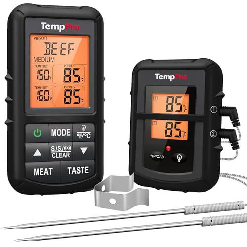 TempPro TP20 500FT Wireless Meat Thermometer with Dual Meat Probe, Digital Cooking Food Meat Thermometer Wireless for Smoker BBQ Grill Thermometer Beef Steak Turkey Thermometer (Previously ThermoPro) - color: Pitch-black