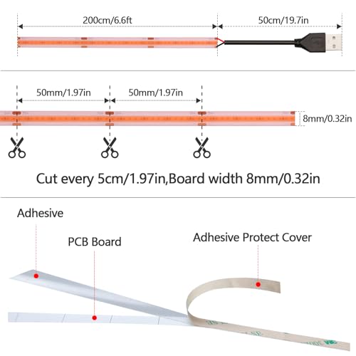 DC 5V USB COB Violets LED Strip Light USB Powered Dimmable IP65 Waterproof 6.6ft/2M 640LEDs with Dimmer High Brightness Flexible LED Tape Lights - color: Violets