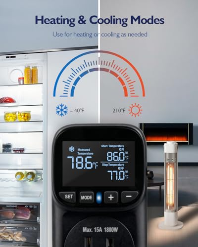 Temperature Controlled Outlet, Heavy Duty 15A 1800W Heating Cooling Thermostat Plug Outlet, -40℉~210℉ LCD Display Plug in Thermostat for Greenhouse Heater Incubator Homebrew Heat Lamp - style: Black