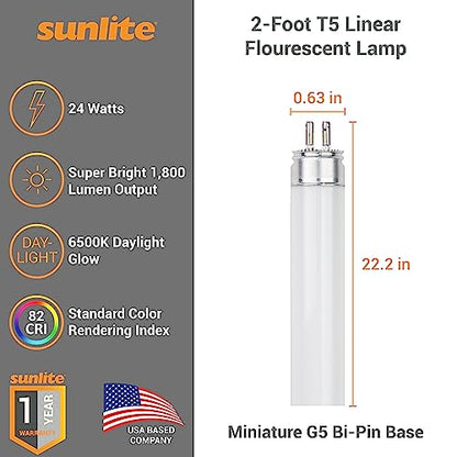 Sunlite 30414 F24T5/850/HO 2 Foot T5 Linear Fluorescent Lamp, 24 Watts, 1800 Lumens, 6500K Daylight, Miniature G5 Bi-Pin Base, ROHS Compliant, High Performance Straight Tube, 40 Pack - color: 6500k, style: 24 watts (22.20-Inch)