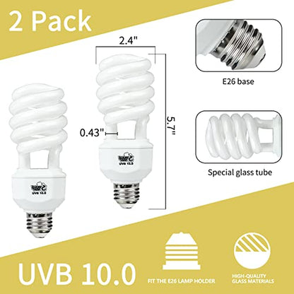 LUCKY HERP 2 Pack UVA UVB Reptile Light, 23W 10.0 UVB Bulb for Desert Reptiles, Compact Fluorescent Terrarium Lamp, Reptile UVB Bulb for Bearded Dragon, Lizard, Tortoise - size: 23&10.0