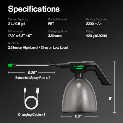 VIVOSUN Battery Powered Sprayer 0.5Gallon, Electric Spray Bottle USB Rechargeable, Automatic Water Pump Plant Mister with Adjustable Pressure, Easy to Refill, 2.2 Ah Battery