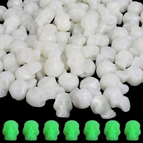 CCINEE 100Pcs Glow in The Dark Mini Skull Heads Miniature Figurines - Plastic Halloween Decorations for DIY Crafts, Home Prank Props, Party Favors