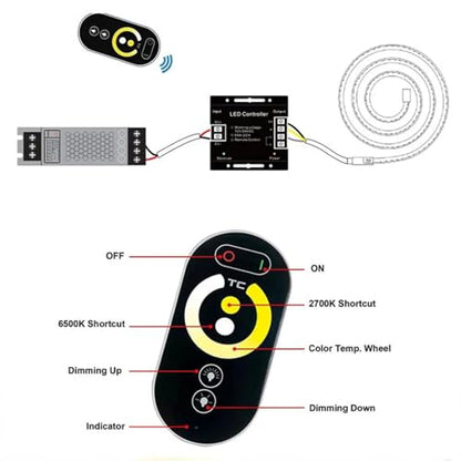 CCT LED Controller, Touch DC 12V-24V 12A RF Wireless Dimmer with Slide Remote Control, PWM Dimmable Brightness Adjust LED Strip Light Controller for CCT LED Strip Lights - color: CCT