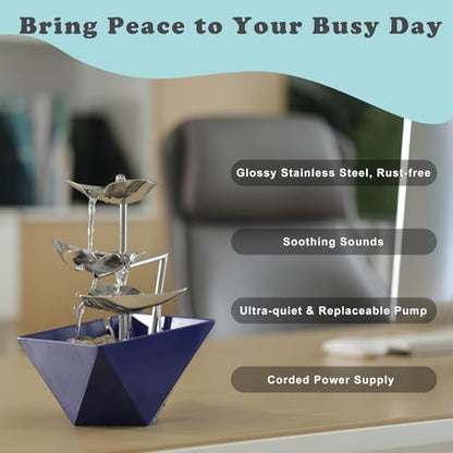 Tabletop Water Fountain Indoor - Handcrafted 3-Tier Waterfall 304 Metal | Easy "+" "-" On/Off Switch, Quiet Pump, Zen Relaxation for Office, Living Room, or Bedroom, Durable Desktop Fountain - color: Blue