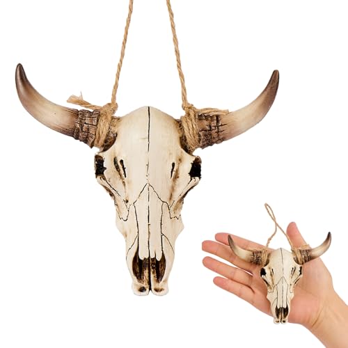 Halloween Cow Skull Wall Decor,Dearded Dragon Tank Decor Flooring Accessories, Mini Cow Skull with Horns, Cow Head Skull with Rope, Fish Tanks, Cars, Etc.(Brown) - color: Brown